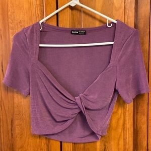 Shein Knotted V-Neck Feminine Short Sleeved Purple Crop Top